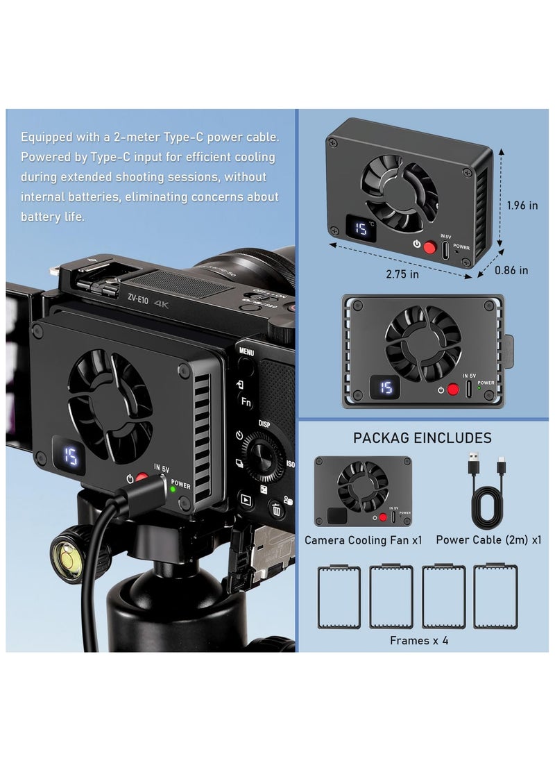 Camera Cooling Fan External Cooling System for Live Broadcast, LED Display Intelligent Cooling Fan for Sony A7M4/ZVE1/A6700/A7C2/A7S3/ZV-E10/FX30, for Canon R5/R6/R7, for Fujifilm XT4/XS10 Cameras