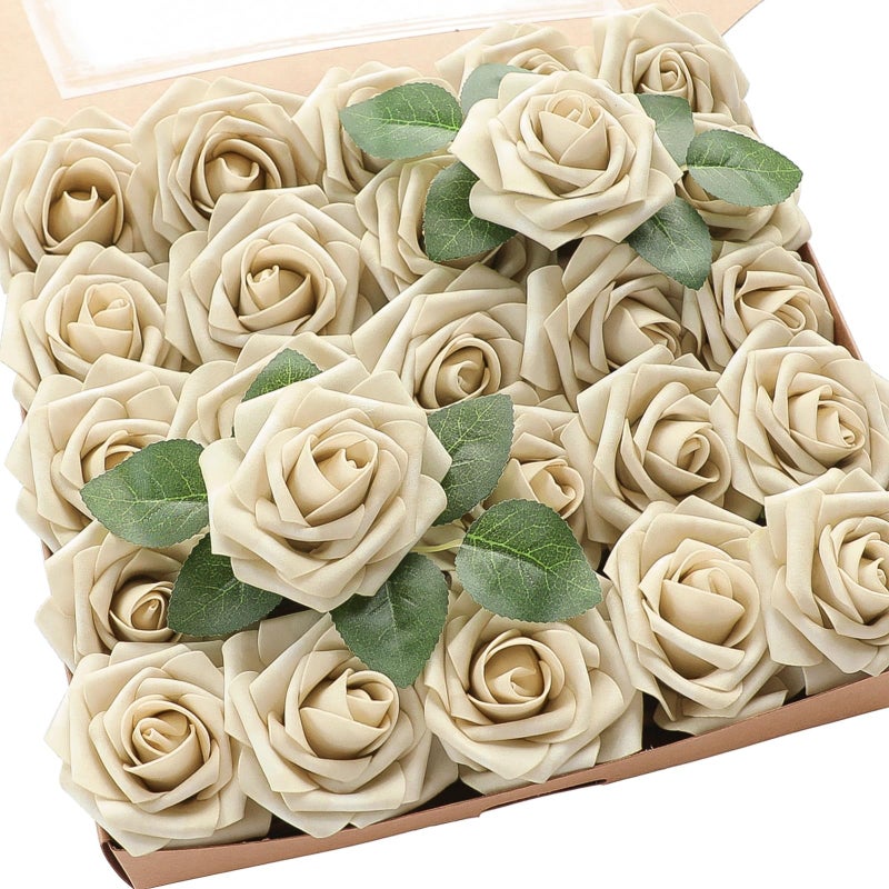 Floroom Artificial Flowers 25pcs Real Looking Beige Foam Fake Roses with Stems for DIY Wedding Bouquets Bridal Shower Centerpieces Floral Arrangements Party Tables Home Decorations - Image 1