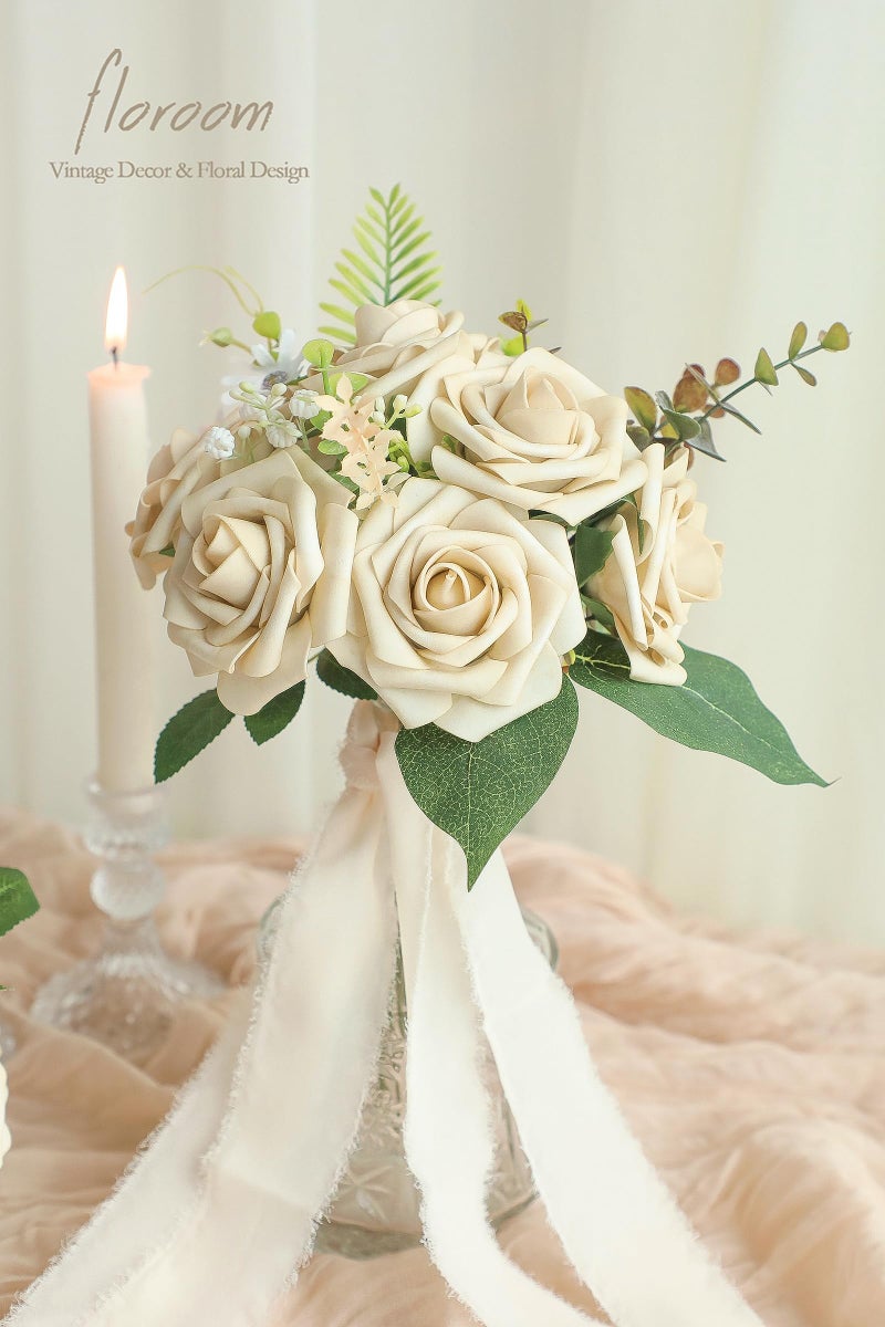 Floroom Artificial Flowers 25pcs Real Looking Beige Foam Fake Roses with Stems for DIY Wedding Bouquets Bridal Shower Centerpieces Floral Arrangements Party Tables Home Decorations - Image 2