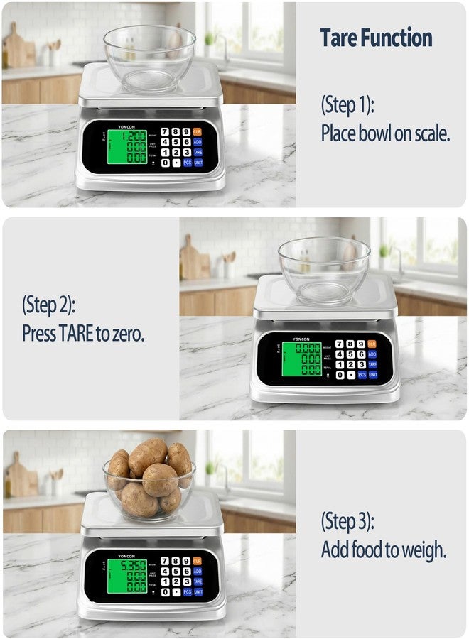 YONCON Large Digital Food Scale, 0.05oz/1g Commercial Kitchen Scale with Price Computing & PCS, AA Batteries & DC Plug-in, 30kg/66lb for Cooking, Baking, Fruit, Vegetables & lndustrial Use (Silver) - Image 4