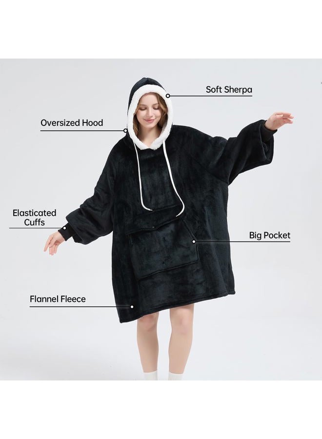 Qeils Oversized Wearable Blanket Hoodie, Comfy Sherpa Sweatshirt Pullover Jacket(Black,Adult) - Image 3