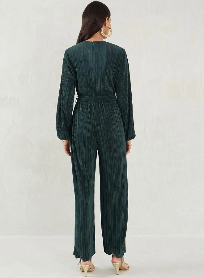Femmella Femmella Solid Pleated Wrap Look Straight Leg Jumpsuit