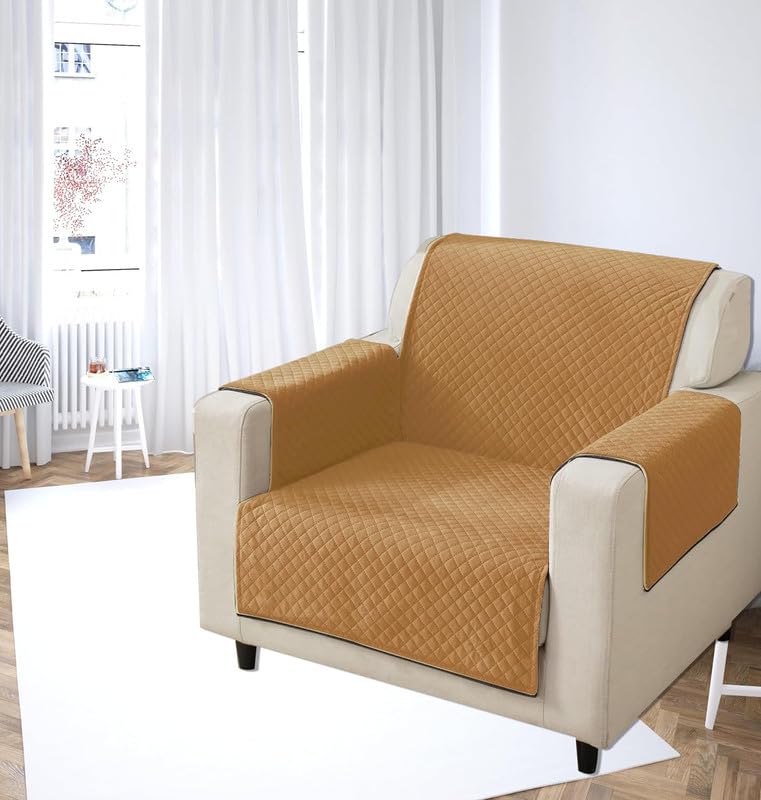 KINGLY Velvet Quilted Universal Elastic Sofa Cover Non-Slip Sofa Protector 5 Seater Armchair Cover with Machine Washable Adjustable Elastic Straps (3+2) (5 Seater) (Harvest Gold) - Image 2