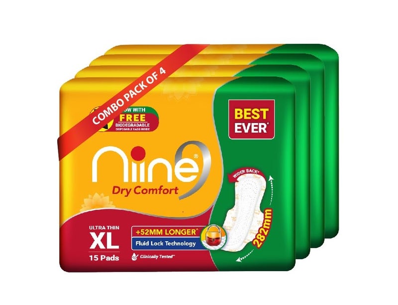 NIINE Dry Comfort Ultra Thin XL Sanitary Napkins for Heavy Flow |282mm Long| Suitable for Heavy Flow|Faster Absorption |Prevents Wetness & Leakage Free Biodegradable disposable bags|Pack of 4, 60 Pads - Image 1