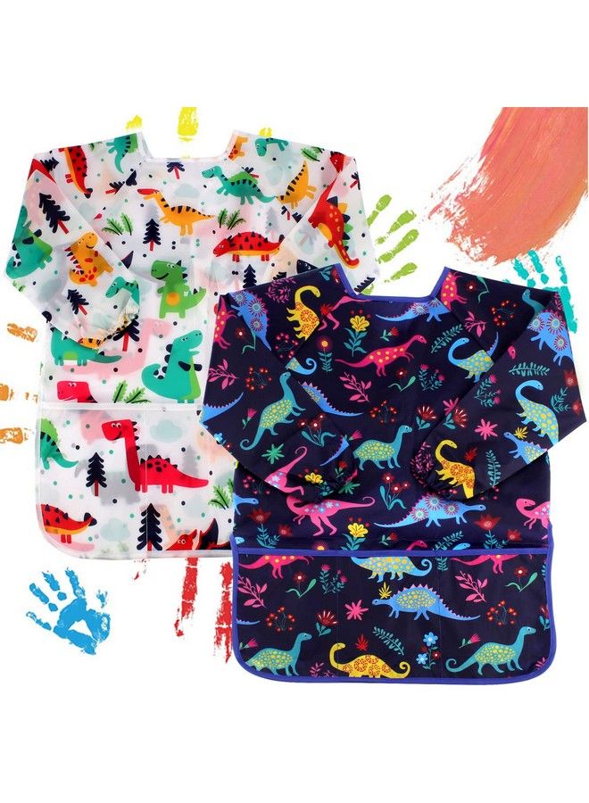 Cubaco 2 Pack Kids Painting Apron Children Waterproof Artist Apron With Long Sleeve And 3 Pockets For Child 38 Years For Art Craft Cooking Baking Feeding (Dinosaur Pattern) - Image 1