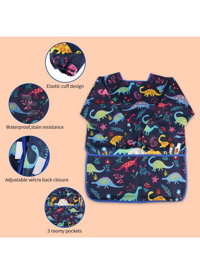 Cubaco 2 Pack Kids Painting Apron Children Waterproof Artist Apron With Long Sleeve And 3 Pockets For Child 38 Years For Art Craft Cooking Baking Feeding (Dinosaur Pattern) - Image 5