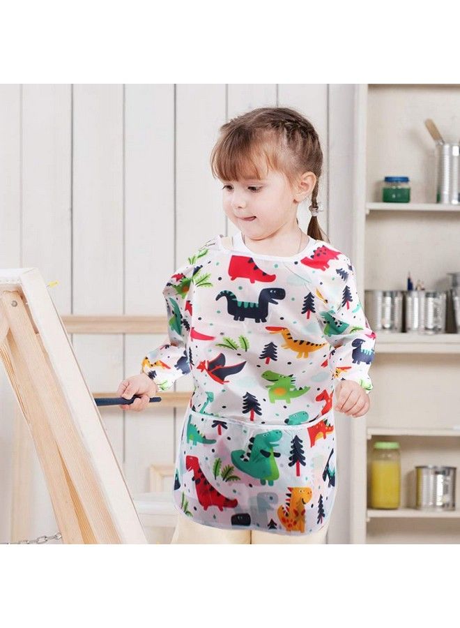 Cubaco 2 Pack Kids Painting Apron Children Waterproof Artist Apron With Long Sleeve And 3 Pockets For Child 38 Years For Art Craft Cooking Baking Feeding (Dinosaur Pattern) - Image 3