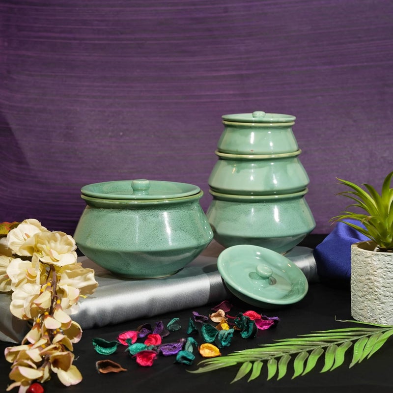 Caffeine Ceramic Handmade Green Ferrous Serving Handi with Lid Set of 4 - Image 1