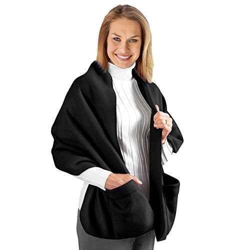 Collections Etc Collections Fleece Wrap Shawl With Pockets, Black ,66"L - Image 1