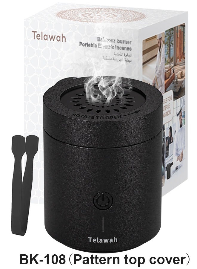 Telawah Portable Incense Burner Bukhoor Rechargeable USB Aroma Diffuser For Home Decoration 9 x 9 x 11 cm(Black Pattern Top Cover) - Image 1