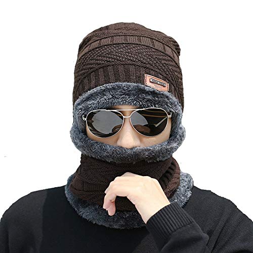 ADBUCKS Snow Proof Inside Fur Wool Unisex Beanie Cap with Neck Warmer Set Knit for Men & Women (Brown) - Image 1