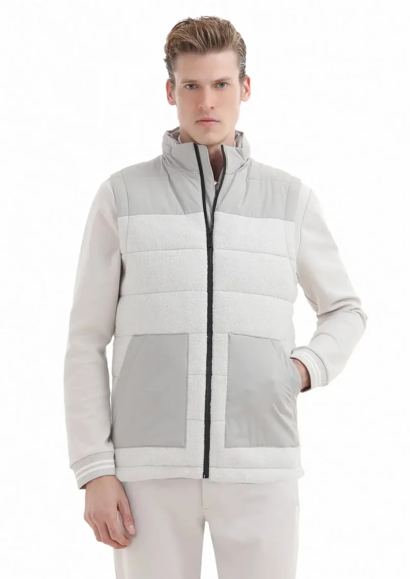 RAMSEY Ecru Regular Fit Turtleneck Casual Weaving Puffer Vest