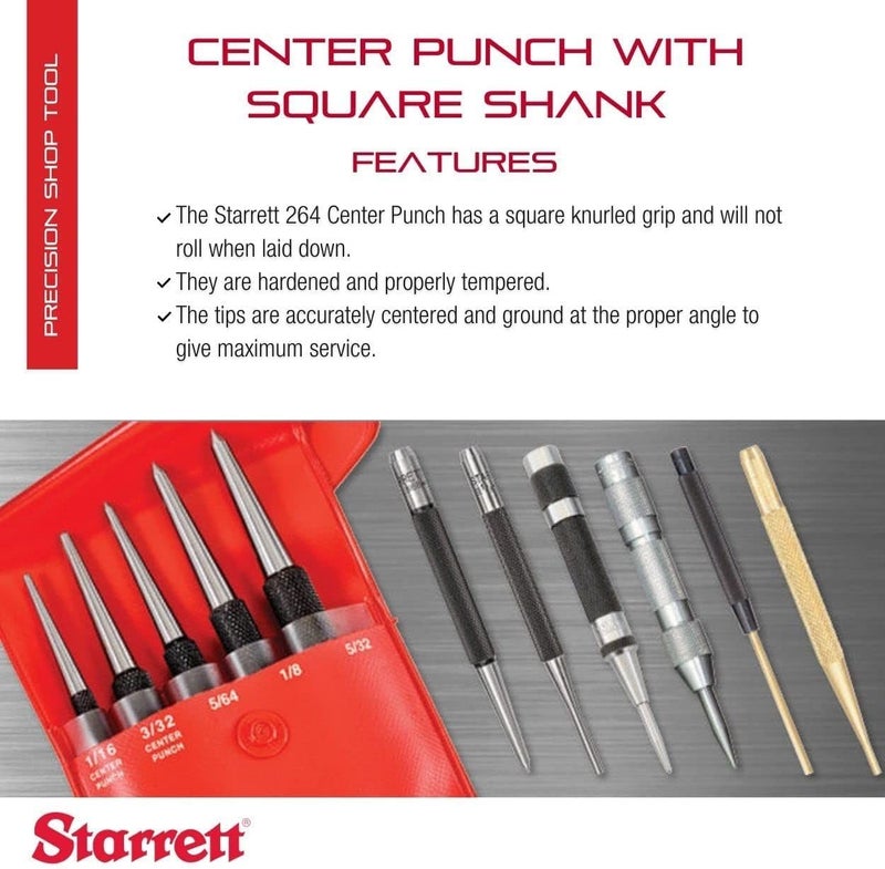 Starrett Steel Center Punch with Square Shank and Knurled Finger Grip - Hardened and Tempered, 3-3/4" Length, 3/32" Diameter Tapered, 3/8" Square Thickness - 264C - Image 1