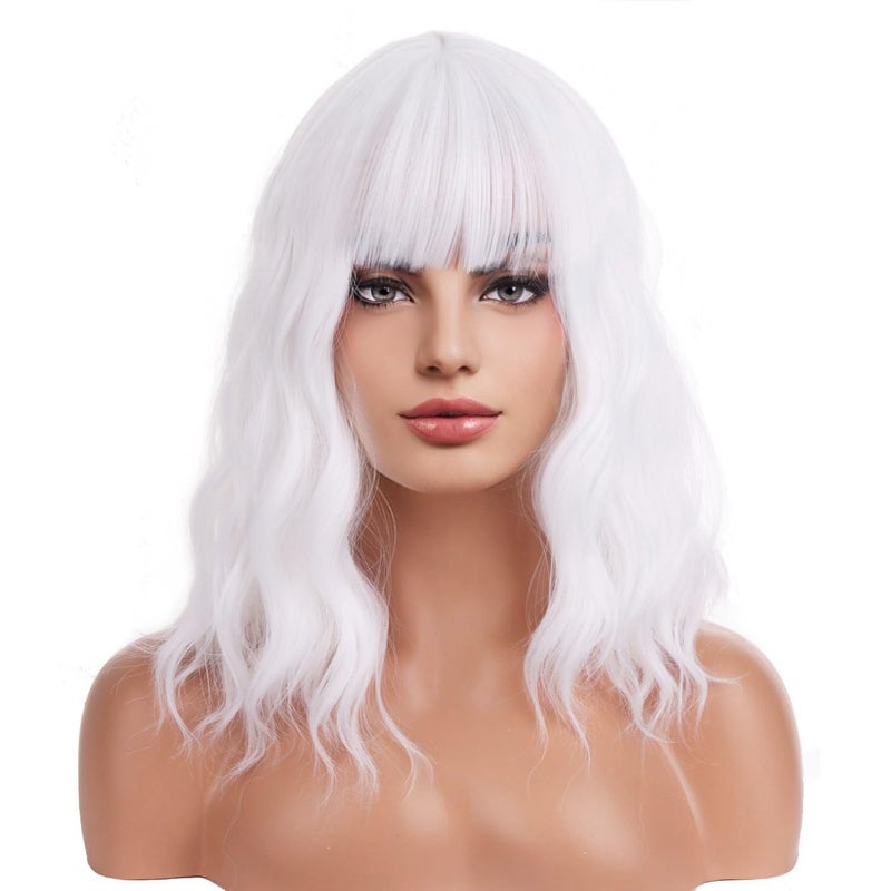 BERON 14 Inches White Wig Short Curly Wig Women Girl's Synthetic Wig White Wig with Bangs Wig Cap Included - Image 2