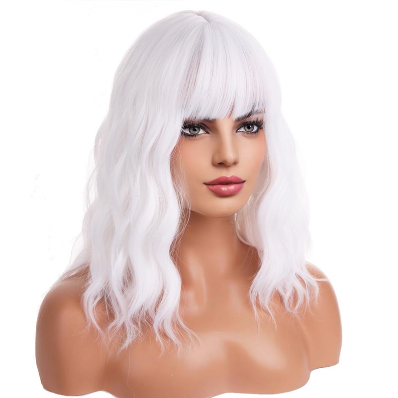 BERON 14 Inches White Wig Short Curly Wig Women Girl's Synthetic Wig White Wig with Bangs Wig Cap Included - Image 3