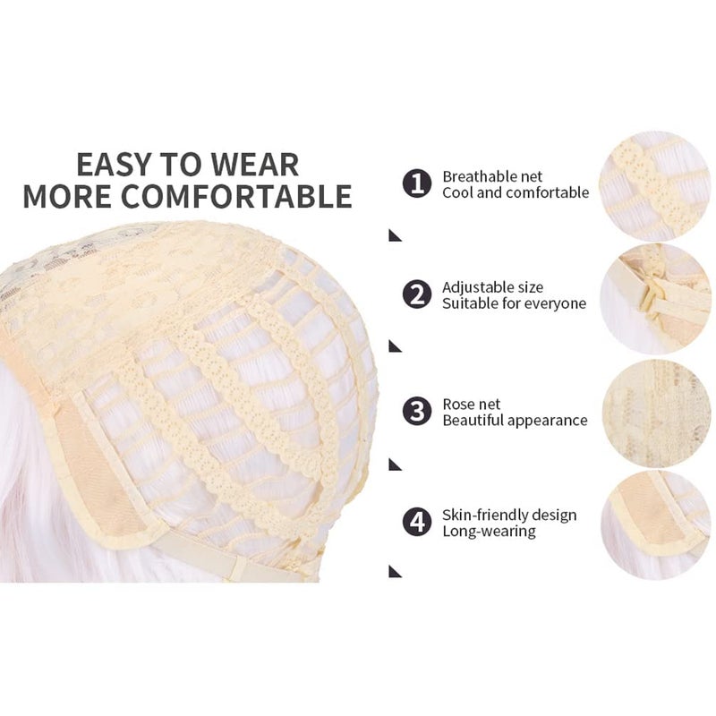 BERON 14 Inches White Wig Short Curly Wig Women Girl's Synthetic Wig White Wig with Bangs Wig Cap Included - Image 5