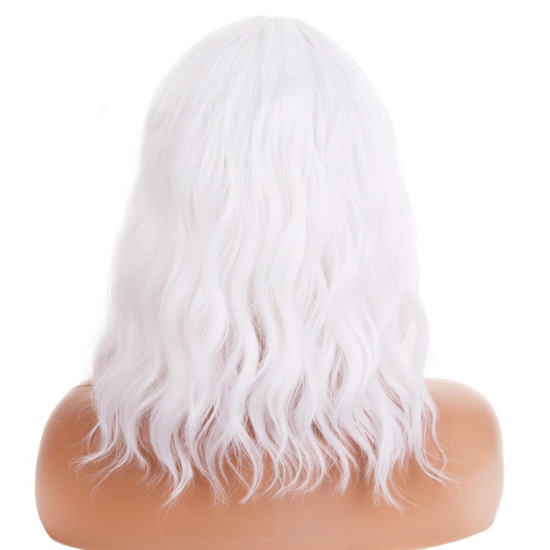 BERON 14 Inches White Wig Short Curly Wig Women Girl's Synthetic Wig White Wig with Bangs Wig Cap Included - Image 4