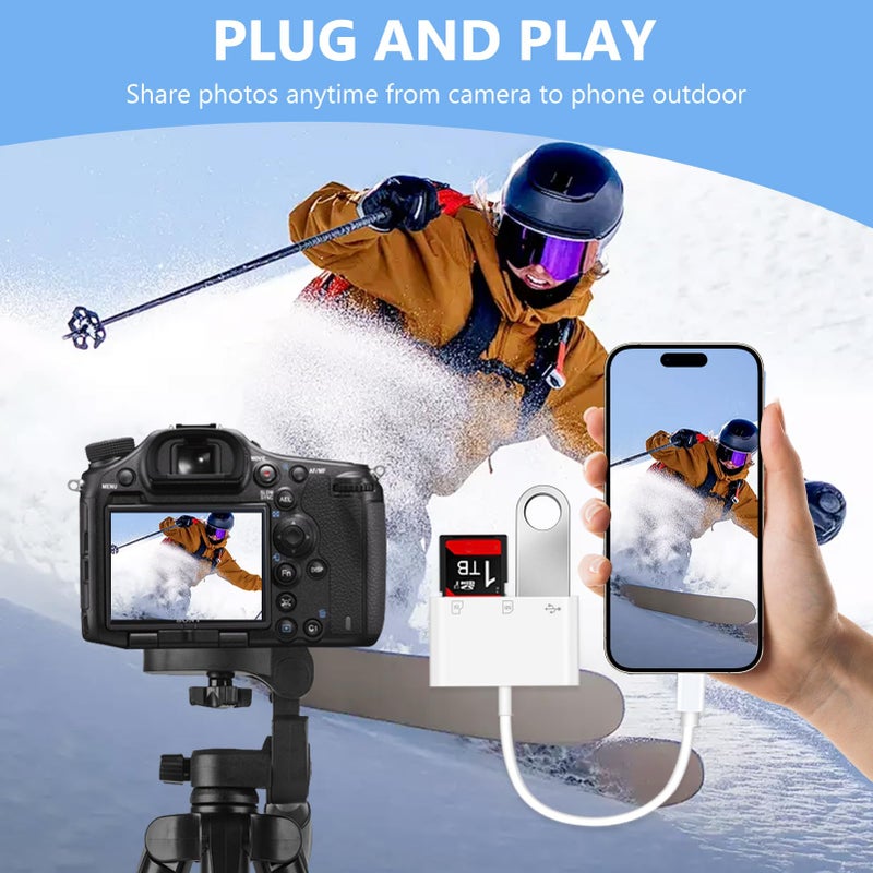 MTIQHS USB C SD Card Reader for iPhone Adapter, 3-in-1 Memory Card Reader Dual Slots with USB Camera Adapter, Digital Camera Adapter iPhone 15/16/17, iPad, Mac, MacBook Pro/Air, Android, Laptop - Image 4