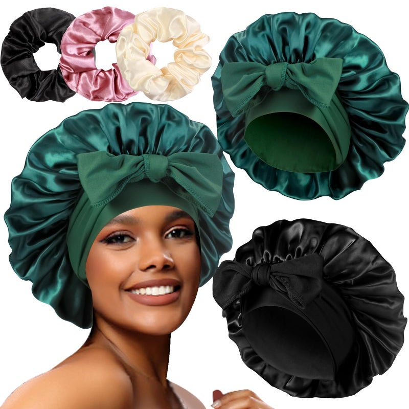 Heniho 2+3 Large Satin Bonnets with Scrunchies for Women, Hair Bonnet Sleeping Tie Bonnet for Braids Curly Hair, D - Image 1
