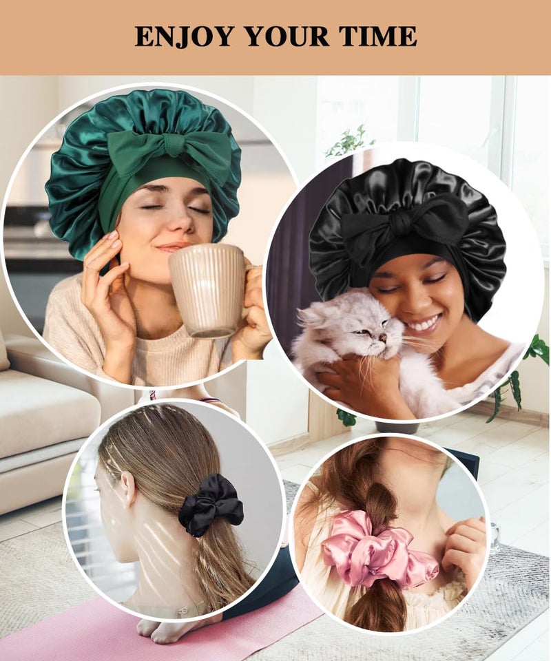 Heniho 2+3 Large Satin Bonnets with Scrunchies for Women, Hair Bonnet Sleeping Tie Bonnet for Braids Curly Hair, D - Image 5