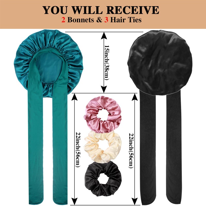 Heniho 2+3 Large Satin Bonnets with Scrunchies for Women, Hair Bonnet Sleeping Tie Bonnet for Braids Curly Hair, D - Image 2