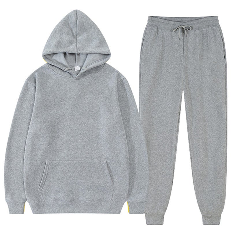 2023 spring and autumn cross-border mens and womens casual European size blank solid color suit fleece loose sweater sweatpants two-piece set batch Light gray 