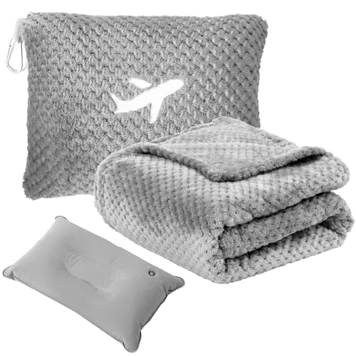 Nenolix Travel Blanket Airplane Compact with Bag, Travel Essentials 3 in 1 Packable Airplane Blanket, Travel Pillow and Blanket Set, Inflatable Pillow, Luggage Sleeve & Backpack Clip (Light Grey) - Image 1