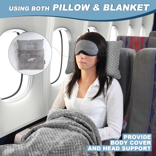 Nenolix Travel Blanket Airplane Compact with Bag, Travel Essentials 3 in 1 Packable Airplane Blanket, Travel Pillow and Blanket Set, Inflatable Pillow, Luggage Sleeve & Backpack Clip (Light Grey) - Image 2