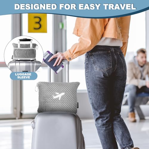 Nenolix Travel Blanket Airplane Compact with Bag, Travel Essentials 3 in 1 Packable Airplane Blanket, Travel Pillow and Blanket Set, Inflatable Pillow, Luggage Sleeve & Backpack Clip (Light Grey) - Image 4