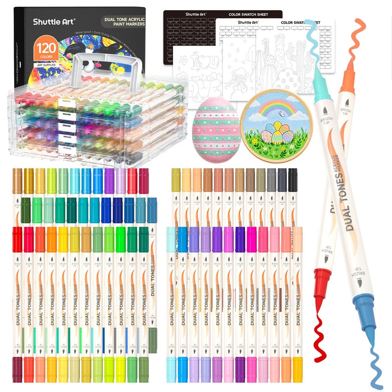 Shuttle Art 120 Colors Dual Tone Acrylic Paint Markers, 60 Pack Acrylic Paint Pens Set for Rock Painting, Ceramic, Wood, Canvas, Glass, Stone, Fabric, Card Making, DIY Crafts & Art Supplies - Image 1