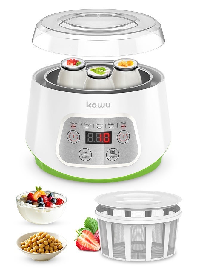 Kawu Yogurt Maker, Compact Greek Yogurt Maker Machine with Timer Control, Strainer, 1L Container, 3 Glass Serving Cups, Constant Temperature, for Home Organic Yogurt, Greek Yogurt, Cheese, Natto - Image 1