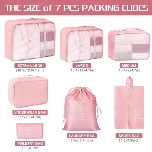 TS WITH TECHSUN Travel Organizer 7 in 1 Travel Laundry Cosmetics Luggage Packing Organizers Set Makeup Bags Organizer Packing Cubes with Shoe Bag for Travel, Nylon (Pink) - Image 4