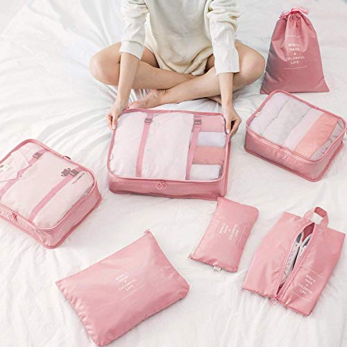 TS WITH TECHSUN Travel Organizer 7 in 1 Travel Laundry Cosmetics Luggage Packing Organizers Set Makeup Bags Organizer Packing Cubes with Shoe Bag for Travel, Nylon (Pink) - Image 2