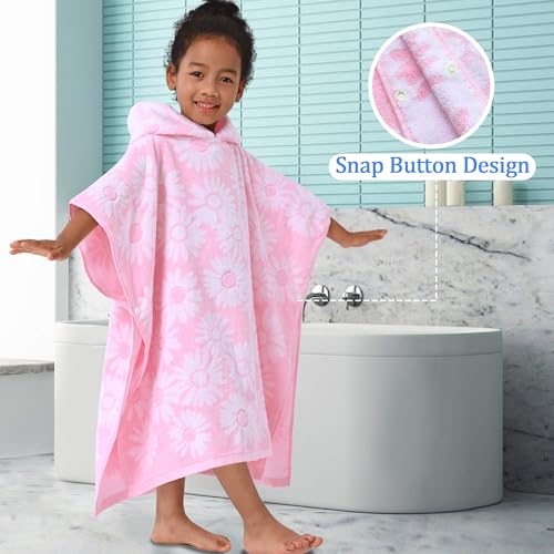 VOOVA & MOVAS Thick Hooded Bath Towel Poncho for Kids (4-8Years) - Soft, Absorbent Turkish Cotton Swim Towel Robe, Perfect for Bathroom | Pool | Swim, Jacquard, Pink with White Daisy Theme - Image 4