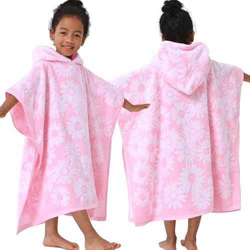 VOOVA & MOVAS Thick Hooded Bath Towel Poncho for Kids (4-8Years) - Soft, Absorbent Turkish Cotton Swim Towel Robe, Perfect for Bathroom | Pool | Swim, Jacquard, Pink with White Daisy Theme - Image 1