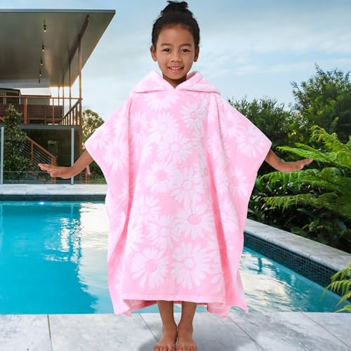 VOOVA & MOVAS Thick Hooded Bath Towel Poncho for Kids (4-8Years) - Soft, Absorbent Turkish Cotton Swim Towel Robe, Perfect for Bathroom | Pool | Swim, Jacquard, Pink with White Daisy Theme - Image 5
