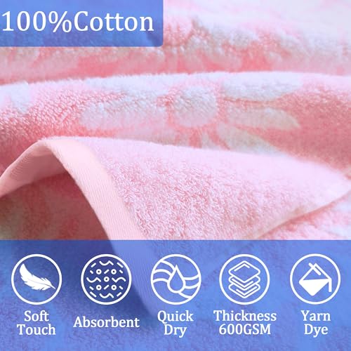 VOOVA & MOVAS Thick Hooded Bath Towel Poncho for Kids (4-8Years) - Soft, Absorbent Turkish Cotton Swim Towel Robe, Perfect for Bathroom | Pool | Swim, Jacquard, Pink with White Daisy Theme - Image 3