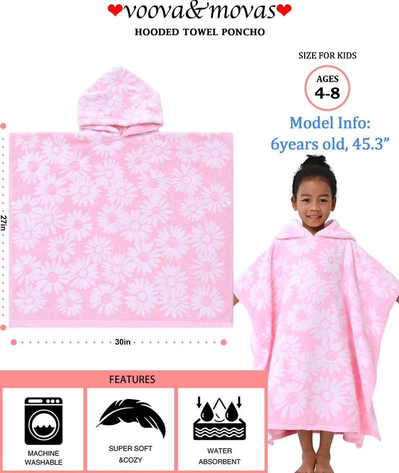 VOOVA & MOVAS Thick Hooded Bath Towel Poncho for Kids (4-8Years) - Soft, Absorbent Turkish Cotton Swim Towel Robe, Perfect for Bathroom | Pool | Swim, Jacquard, Pink with White Daisy Theme - Image 2