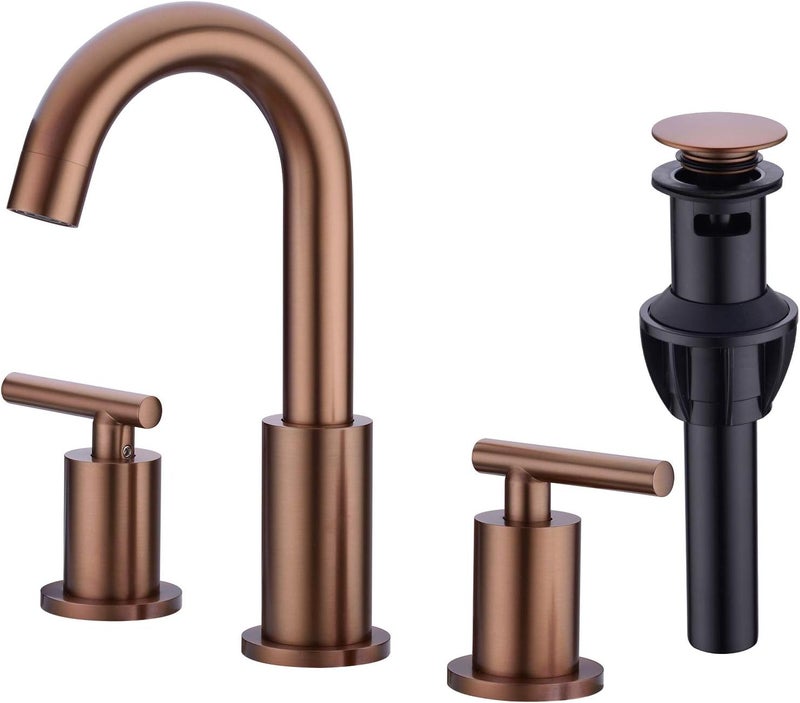 TRUSTMI 2 Handle 8 Inch Widespread Bathroom Sink Faucet with Overflow Pop Up Drain Assembly 3 Piece Brown Bronze Vanity Tap with cUPC Water Supply Lines, Brass, Brushed Rose Gold - Image 1