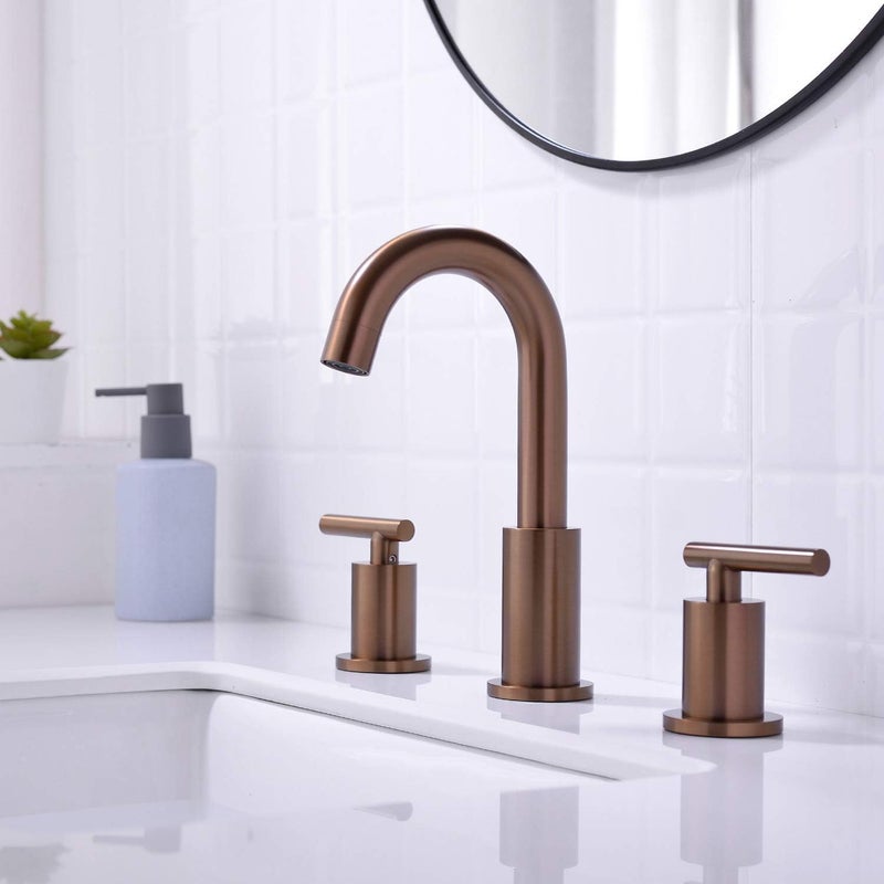 TRUSTMI 2 Handle 8 Inch Widespread Bathroom Sink Faucet with Overflow Pop Up Drain Assembly 3 Piece Brown Bronze Vanity Tap with cUPC Water Supply Lines, Brass, Brushed Rose Gold - Image 2