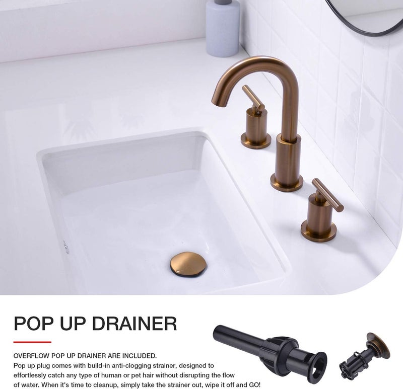 TRUSTMI 2 Handle 8 Inch Widespread Bathroom Sink Faucet with Overflow Pop Up Drain Assembly 3 Piece Brown Bronze Vanity Tap with cUPC Water Supply Lines, Brass, Brushed Rose Gold - Image 4