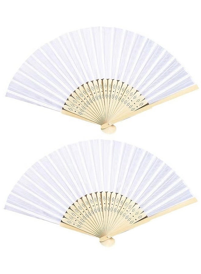 Happy D 2Pcs Folding Fans, White Folding Fans, Foldable Bamboo Fans, Hand Fan for Women, Silk Fabric Handheld Folded Fan, Chinese Fan for DIY Decoration, Wedding, Dancing Party, Summer - Image 1