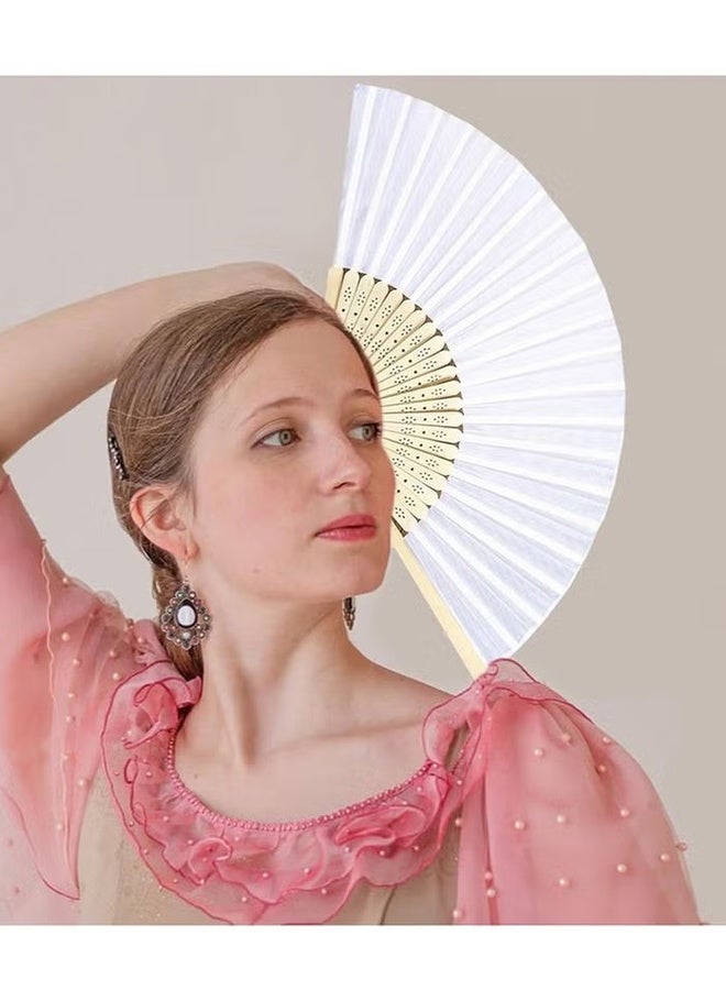 Happy D 2Pcs Folding Fans, White Folding Fans, Foldable Bamboo Fans, Hand Fan for Women, Silk Fabric Handheld Folded Fan, Chinese Fan for DIY Decoration, Wedding, Dancing Party, Summer - Image 2