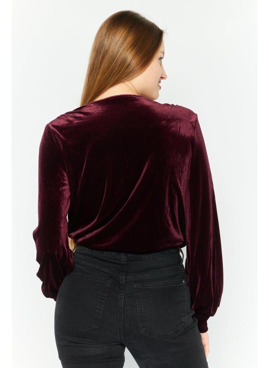Black Tape - Women Surplice Neck Long sleeve Plain Velvet Top, Maroon - Image 1
