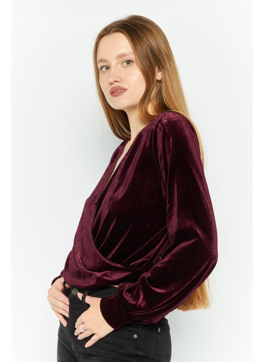 Black Tape - Women Surplice Neck Long sleeve Plain Velvet Top, Maroon - Image 1