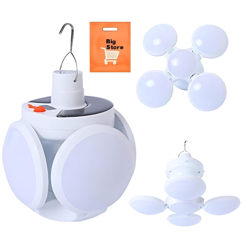 Portable Solar Light - Foldable football-shaped LED camping lamp with hanging hook, 40W rechargeable via cable, white, perfect for outdoor adventures and nighttime illumination.