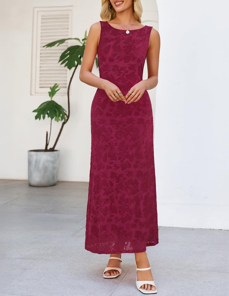 MEROKEETY Womens 2026 Summer Floral Maxi Dress Sleeveless Tie Waist Elegant Formal Bodycon Wedding Guest Party Long Dresses, Wine, Medium - Image 2
