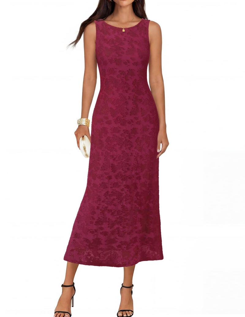 MEROKEETY Womens 2026 Summer Floral Maxi Dress Sleeveless Tie Waist Elegant Formal Bodycon Wedding Guest Party Long Dresses, Wine, Medium - Image 1