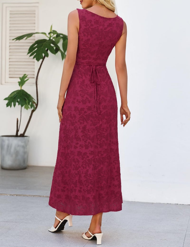 MEROKEETY Womens 2026 Summer Floral Maxi Dress Sleeveless Tie Waist Elegant Formal Bodycon Wedding Guest Party Long Dresses, Wine, Medium - Image 4