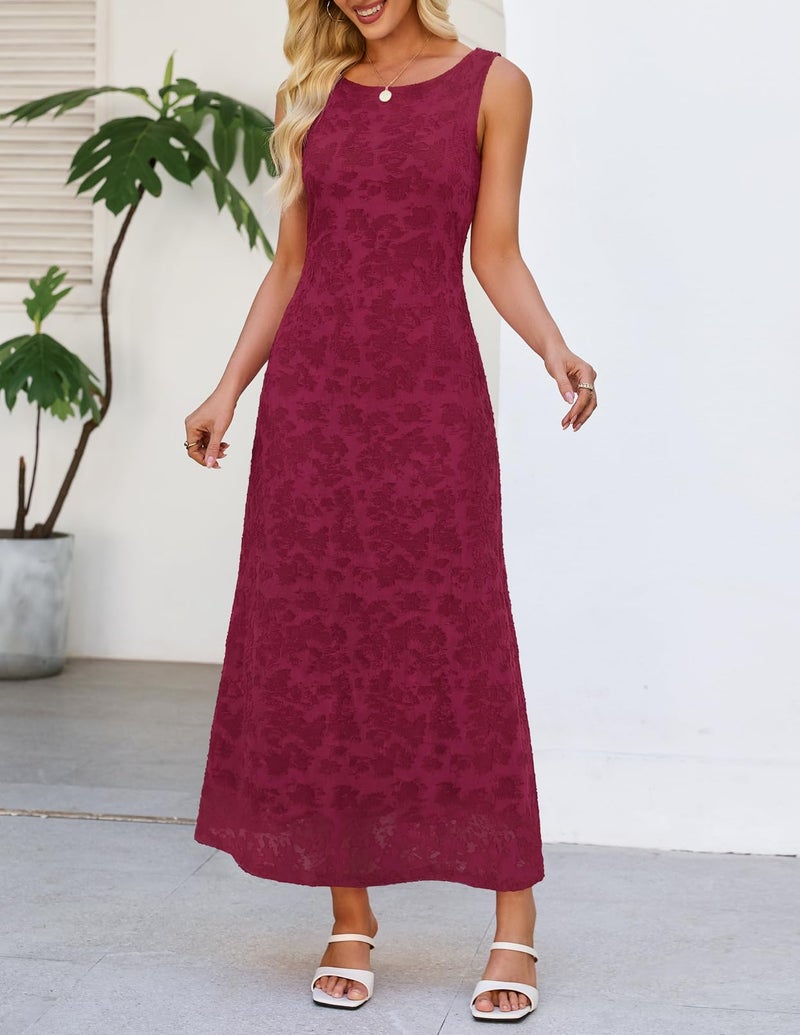 MEROKEETY Womens 2026 Summer Floral Maxi Dress Sleeveless Tie Waist Elegant Formal Bodycon Wedding Guest Party Long Dresses, Wine, Medium - Image 3
